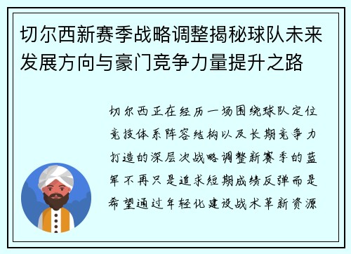 切尔西新赛季战略调整揭秘球队未来发展方向与豪门竞争力量提升之路